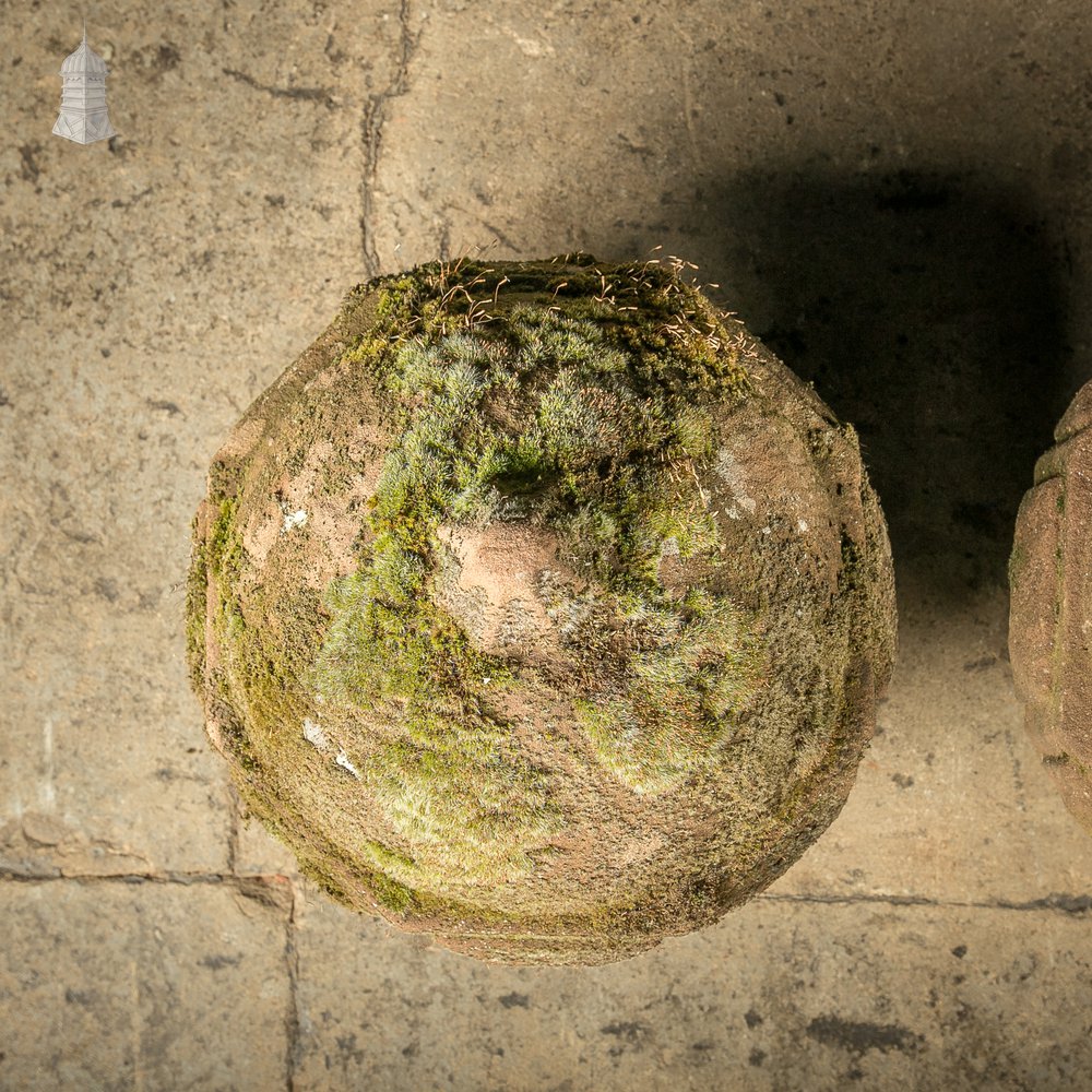 Orb Pier Cap Finials, 18th C Carved Sandstone Balls, Pair