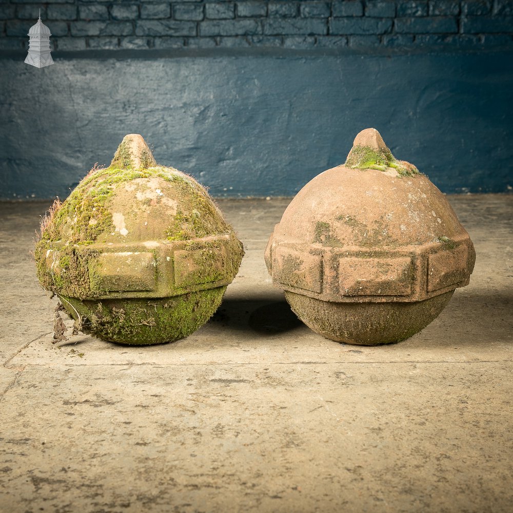 Orb Pier Cap Finials, 18th C Carved Sandstone Balls, Pair