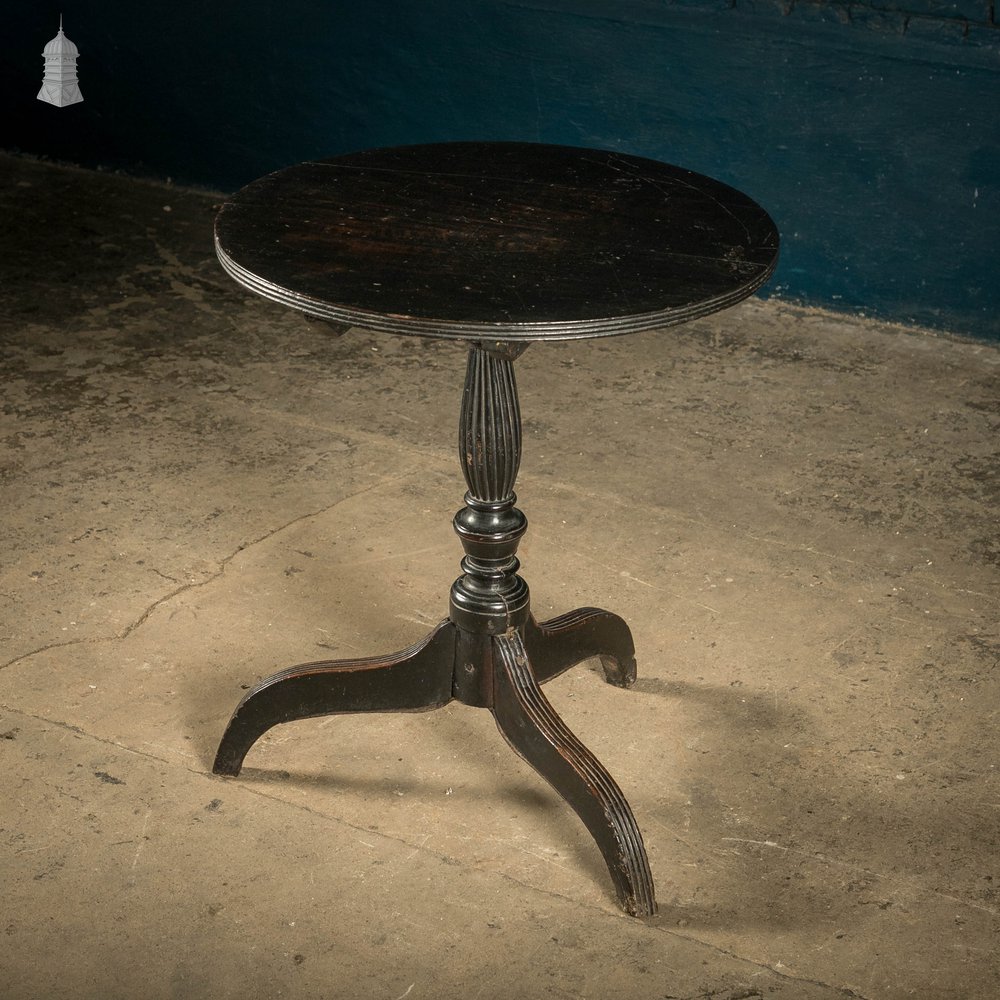 Ebonised Side Table, 18th C Circular 3 Leg with Reeded Pedestal