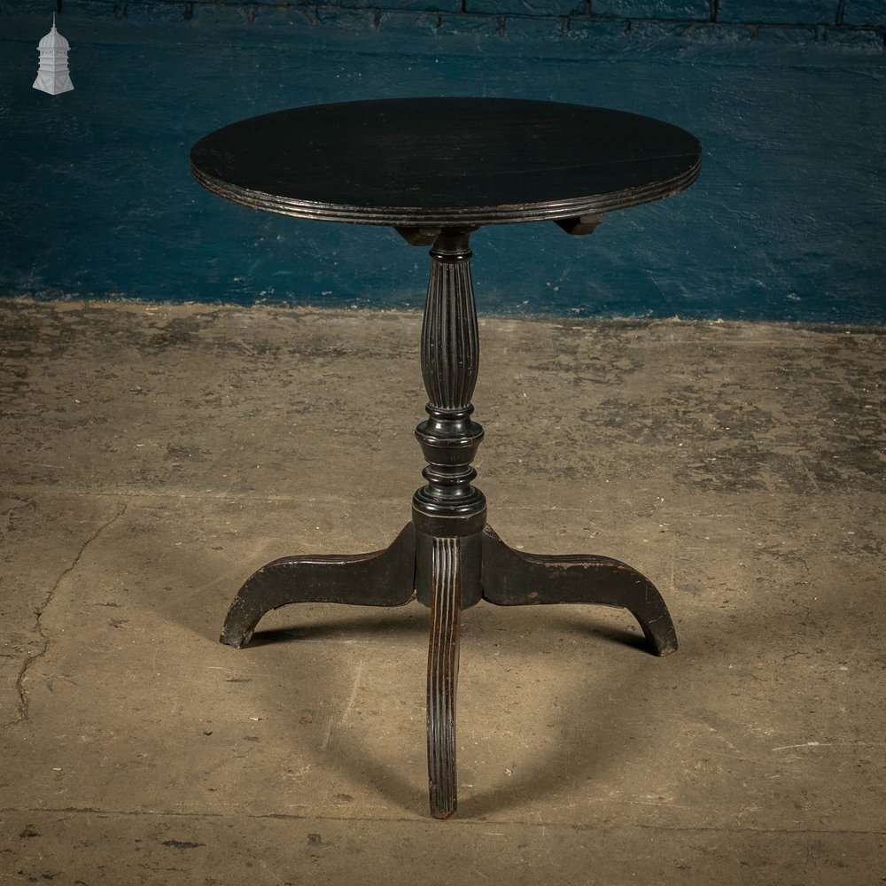 Ebonised Side Table, 18th C Circular 3 Leg with Reeded Pedestal