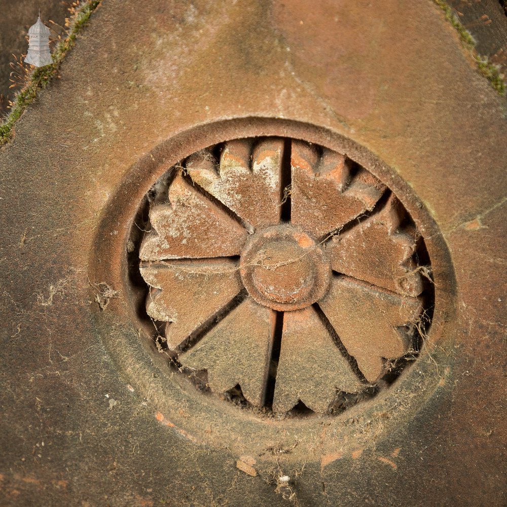 Parapet Coping Bricks, Decorative Rose Detail, 19th C Weathered Red Clay, Pair