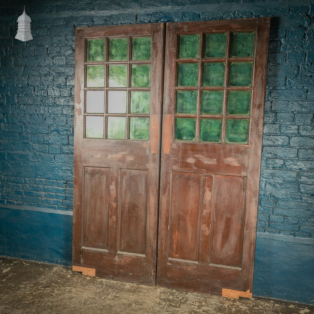 Glazed Double Doors, 19th C Pine with Green Glass