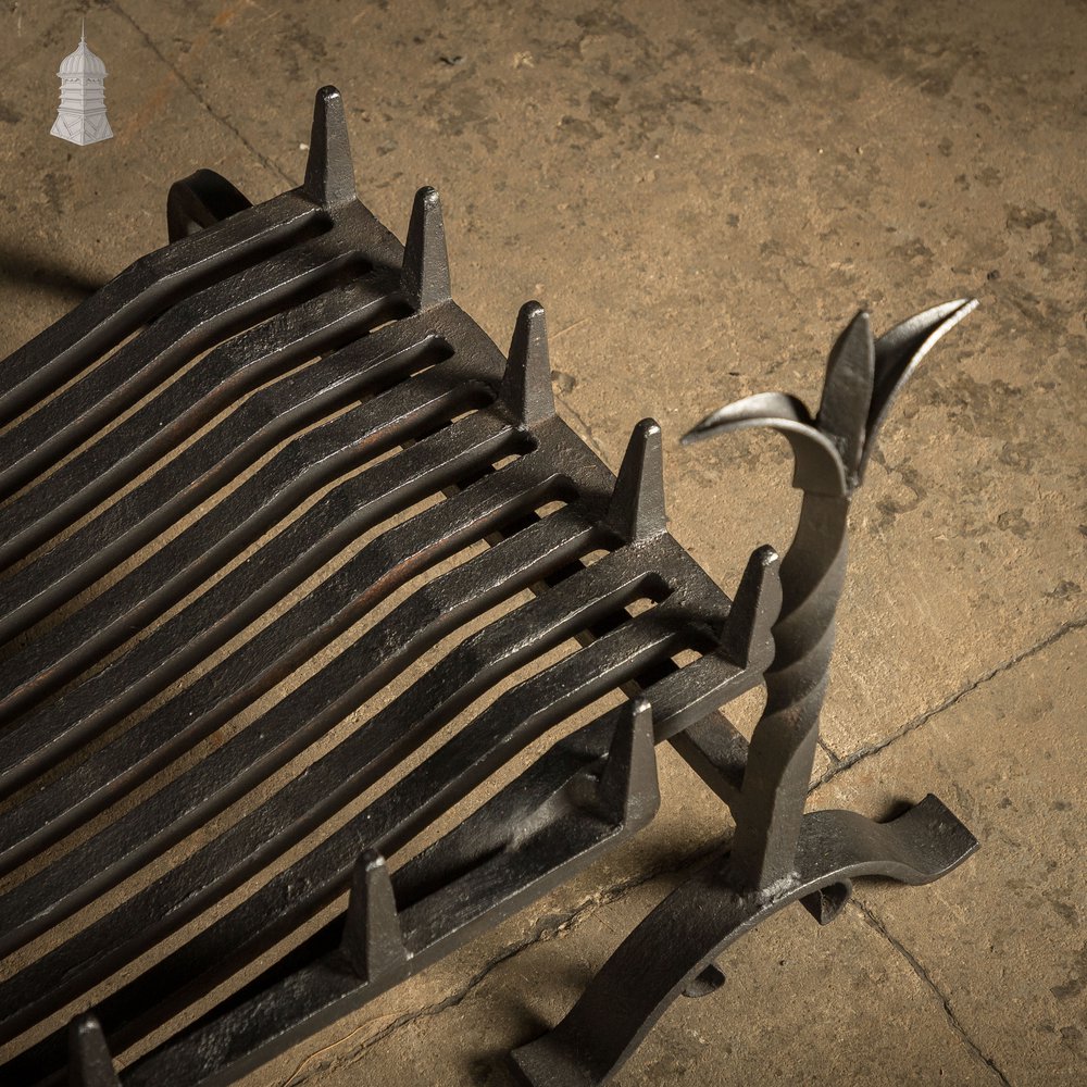 Fire Grate and Andirons, Cast Iron with Fleur de Lis detail