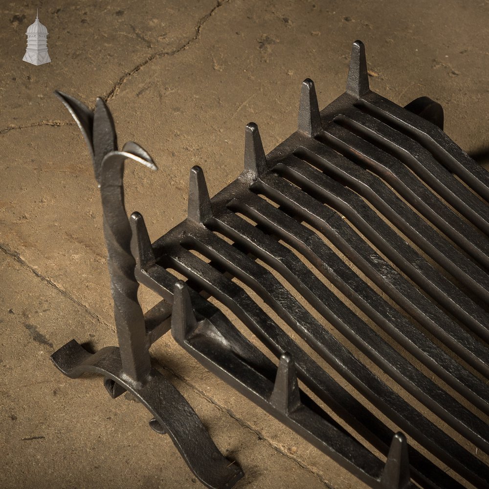 Fire Grate and Andirons, Cast Iron with Fleur de Lis detail