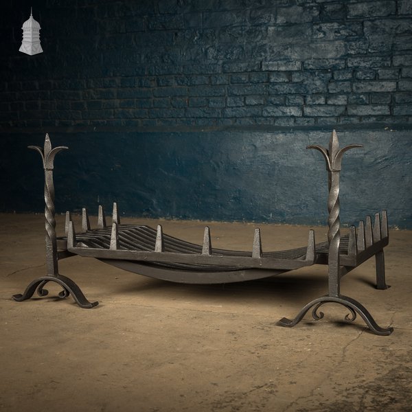 Fire Grate and Andirons, Cast Iron with Fleur de Lis detail