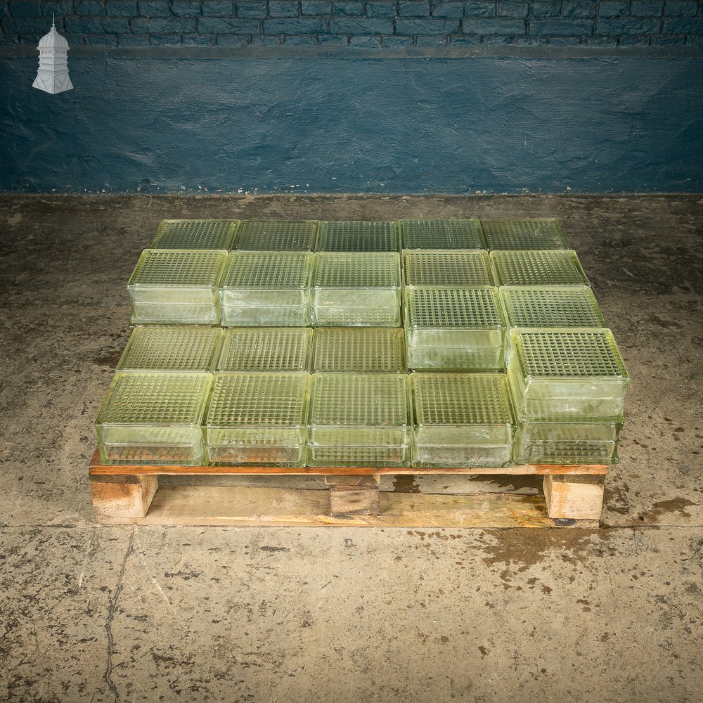 Glass Block Bricks, Cross Ribbed Design, Reclaimed Batch of 33