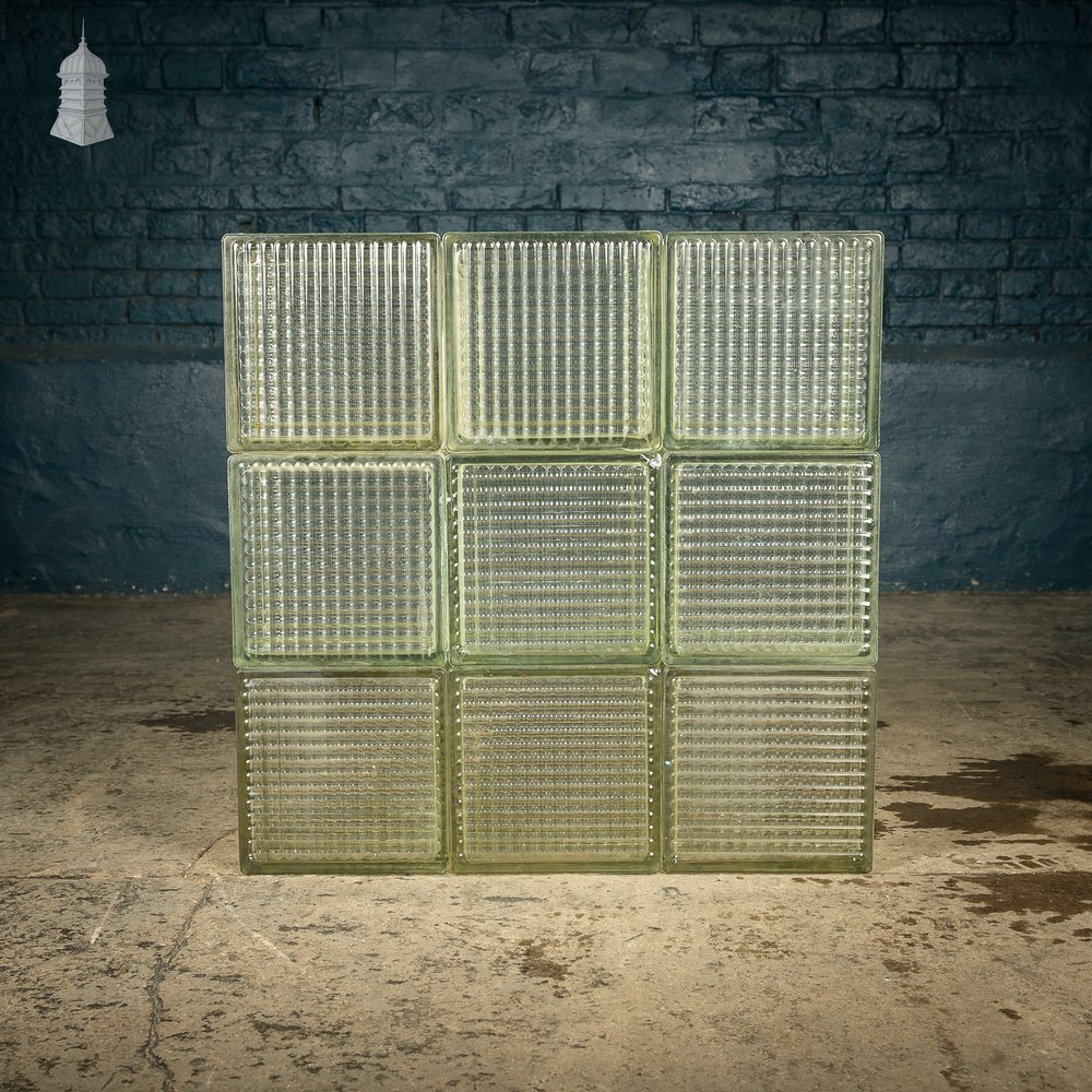 Glass Block Bricks, Cross Ribbed Design, Reclaimed Batch of 33