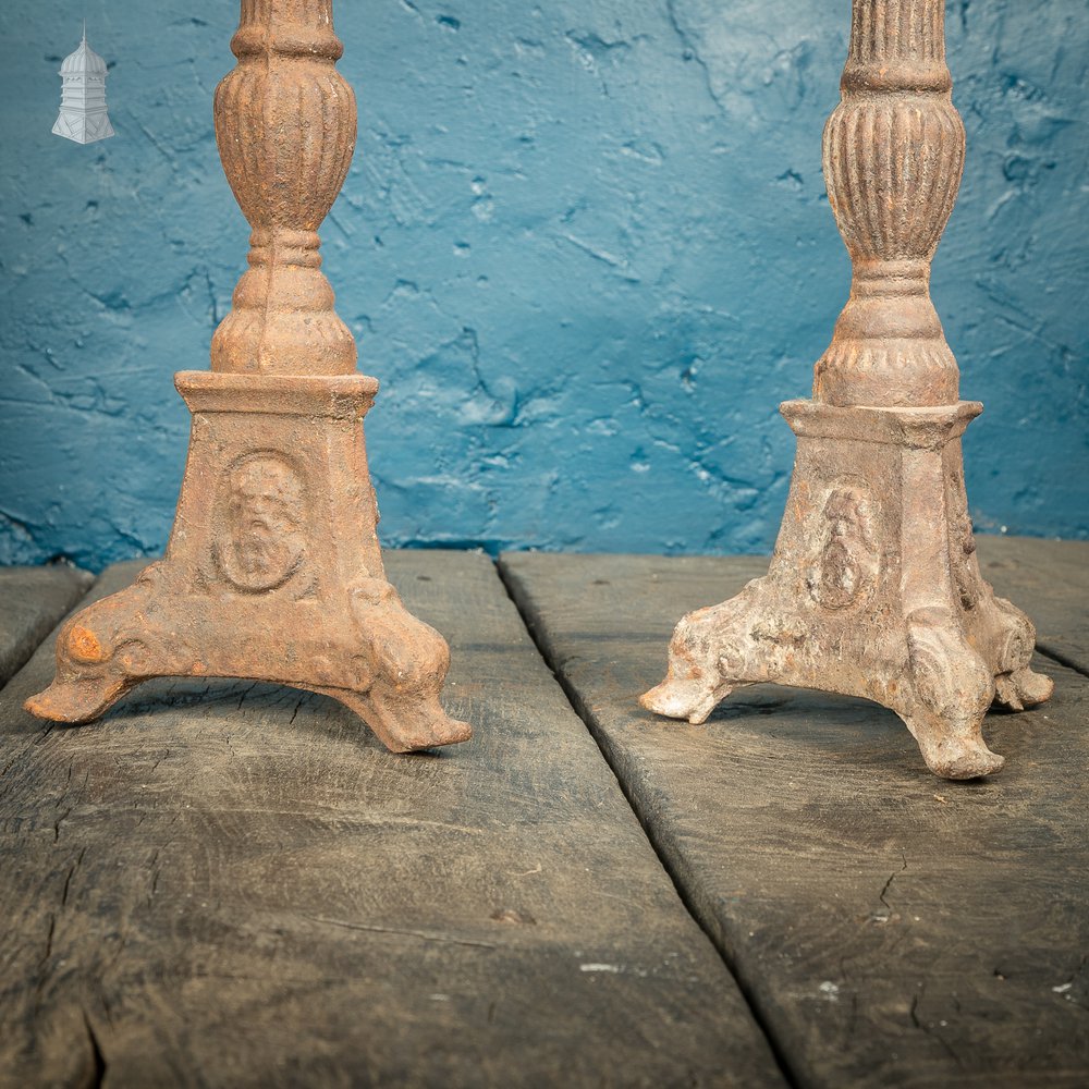 Cast Iron Candlesticks, 19th C Mock Tudor