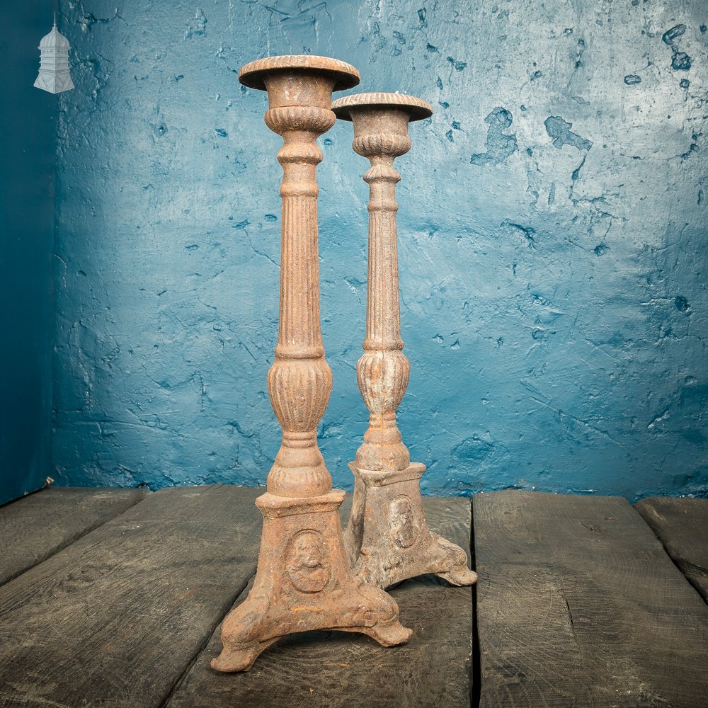 Cast Iron Candlesticks, 19th C Mock Tudor