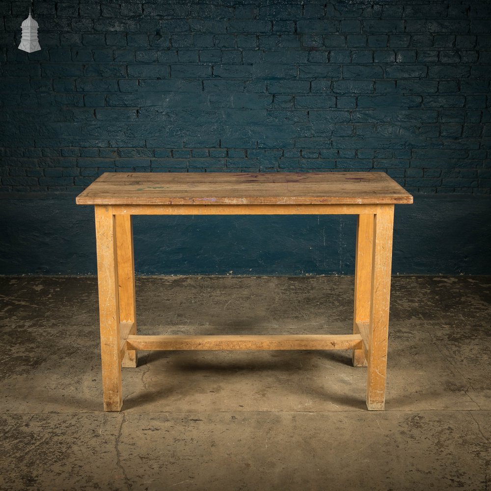 School Workbench Table, Mid Century Beech H Stretcher Base with Iroko Top