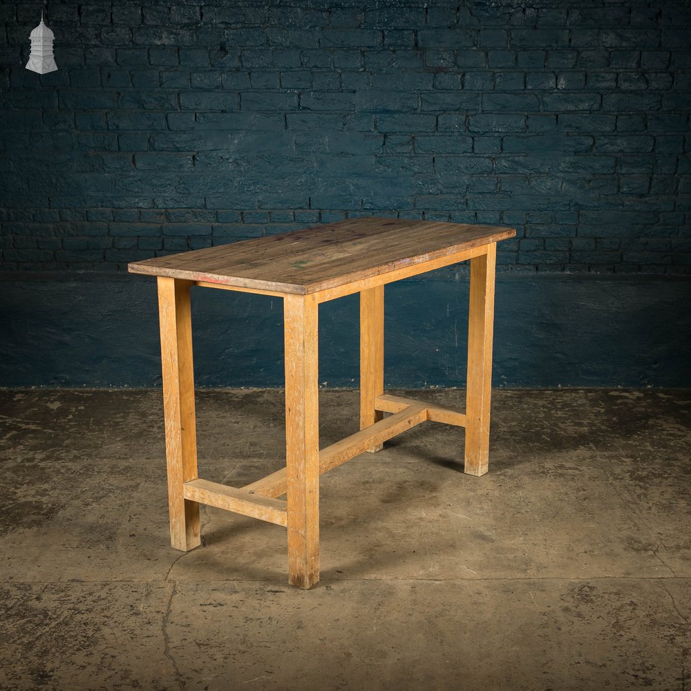 School Workbench Table, Mid Century Beech H Stretcher Base with Iroko Top