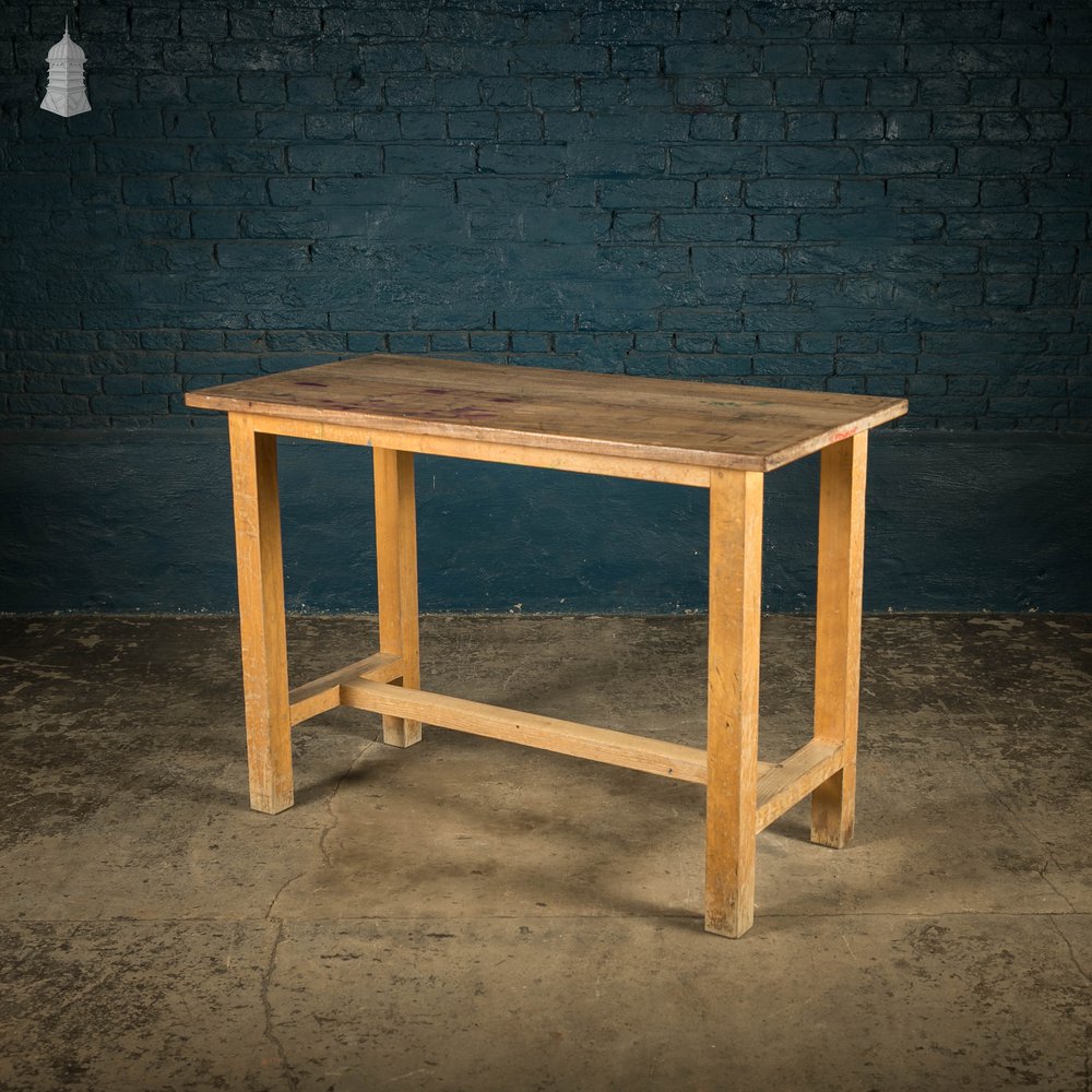 School Workbench Table, Mid Century Beech H Stretcher Base with Iroko Top