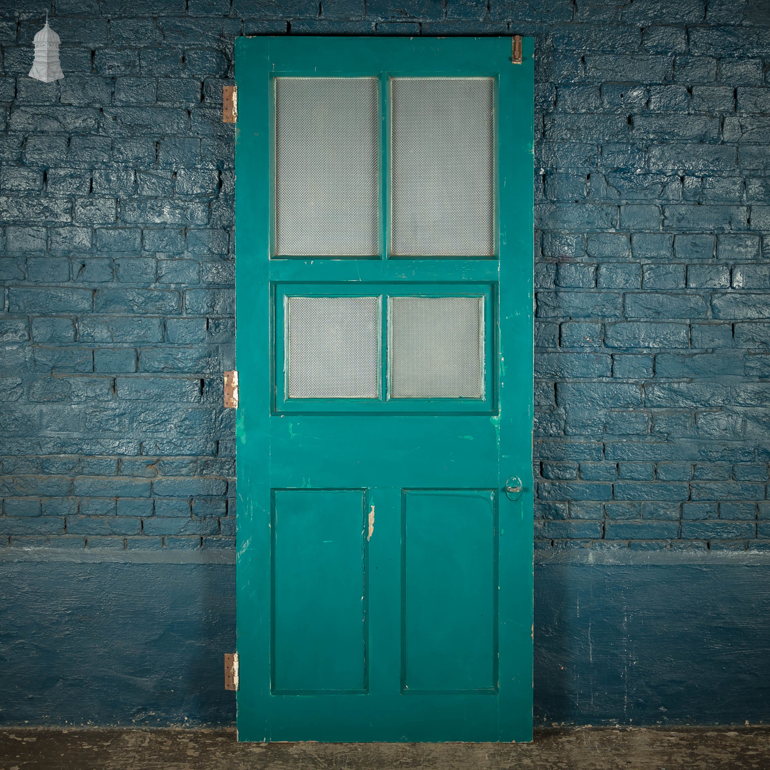 Half Glazed Door, Green Painted Pitch Pine with ‘Pyramid’ Style Textured Glazing Norfolk