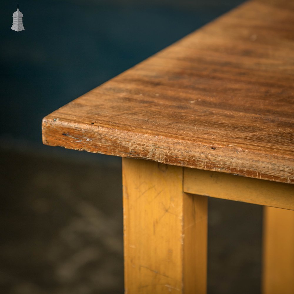 School Workbench Table, Mid Century Beech H Stretcher Base with Iroko Top