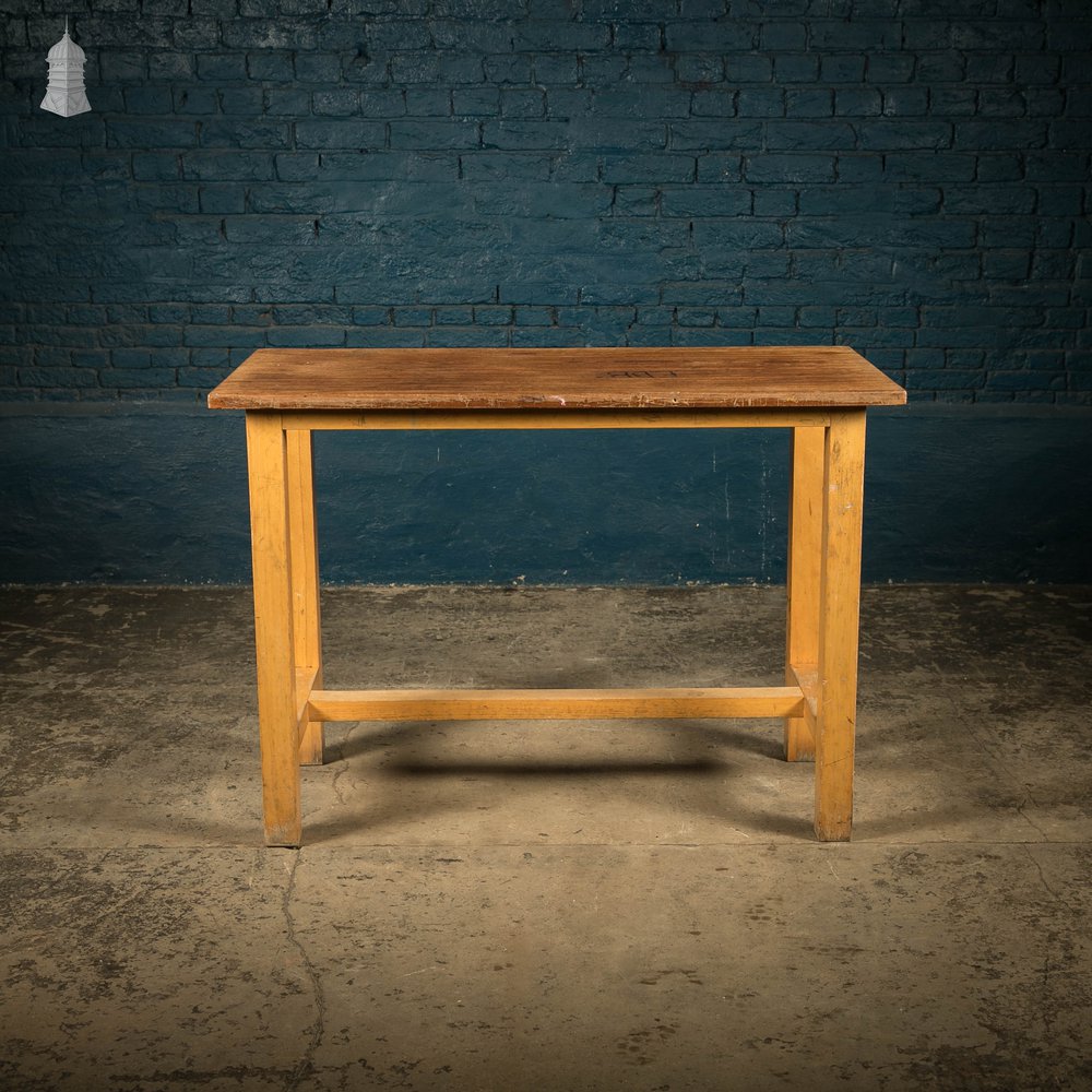 School Workbench Table, Mid Century Beech H Stretcher Base with Iroko Top