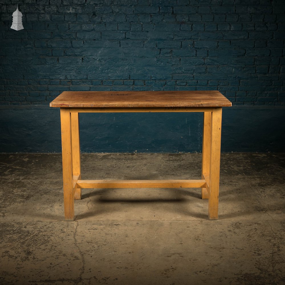 School Workbench Table, Mid Century Beech H Stretcher Base with Iroko Top