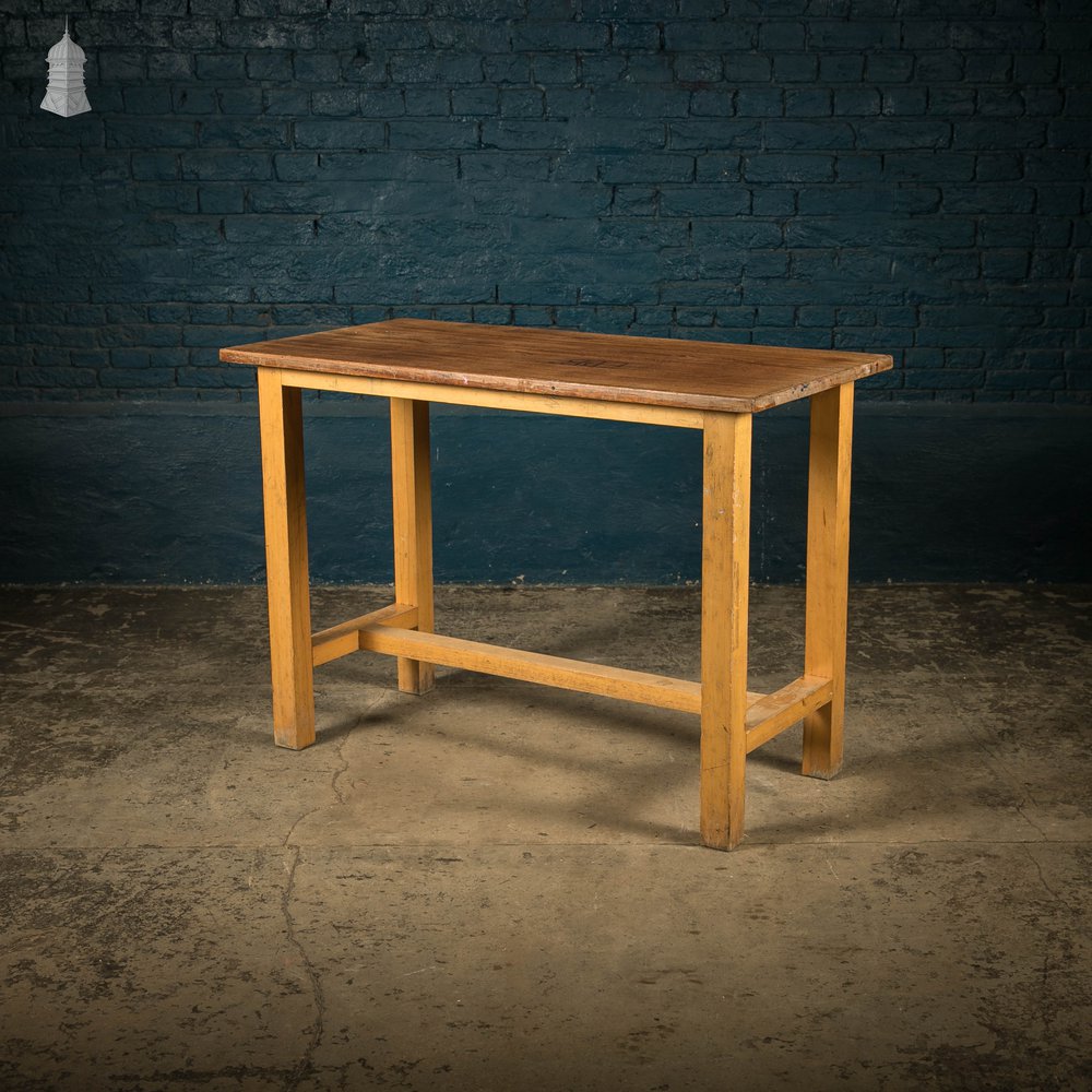 School Workbench Table, Mid Century Beech H Stretcher Base with Iroko Top