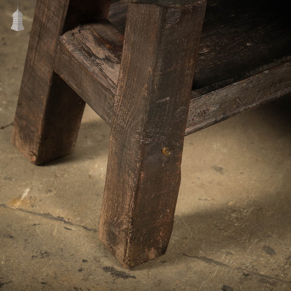 Trestle Work Stalls, Black Stained Pine Framed Seat with Shelf