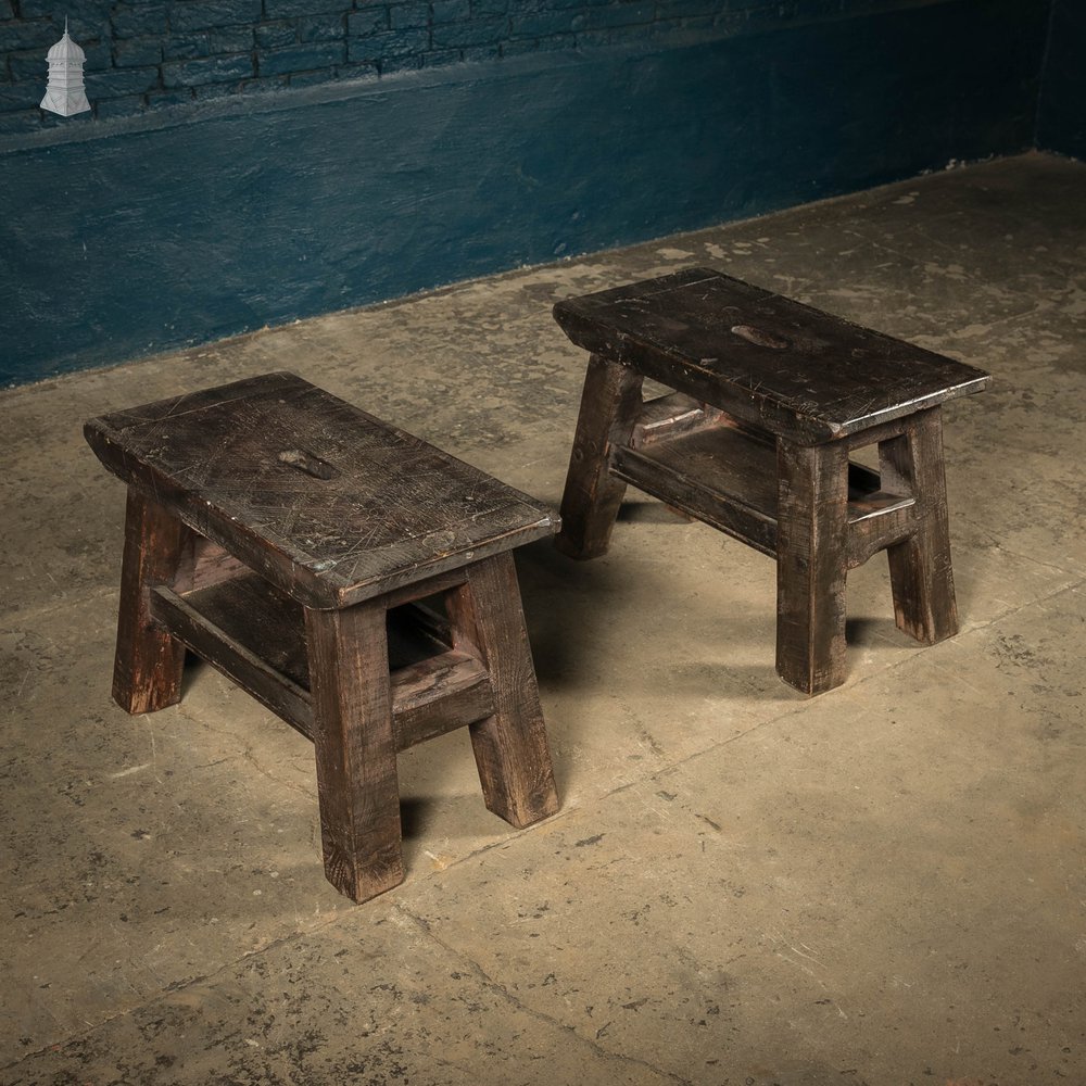 Trestle Work Stalls, Black Stained Pine Framed Seat with Shelf