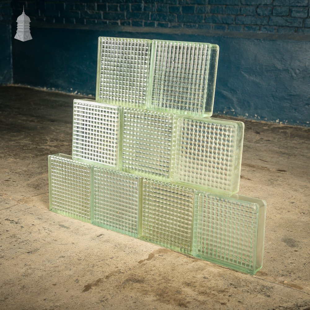 Glass Block Bricks, Single sided cross ribbed design, reclaimed batch of 195