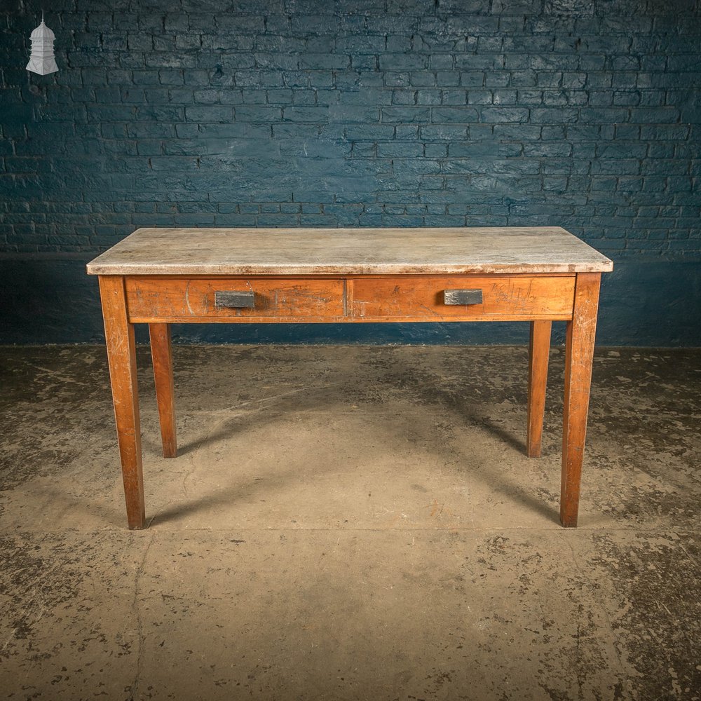 School Workbench Table with 2 Drawers, Science Lab / Art Studio, Worn Iroko