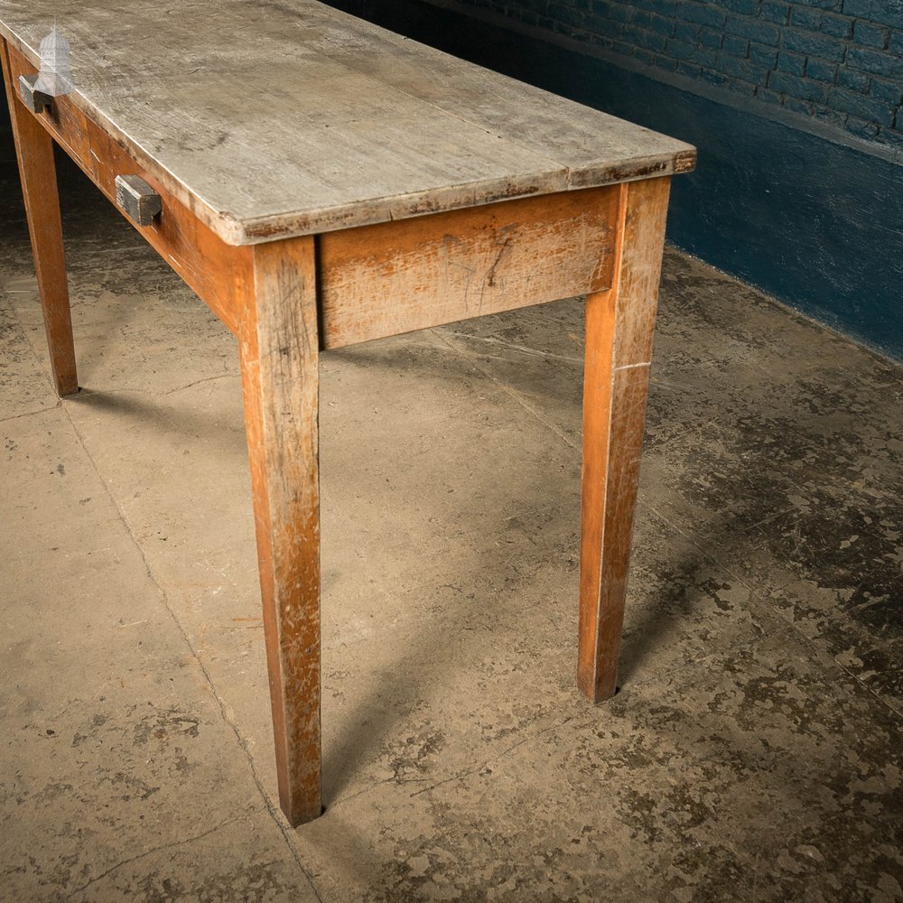 School Workbench Table with 2 Drawers, Science Lab / Art Studio, Worn Iroko