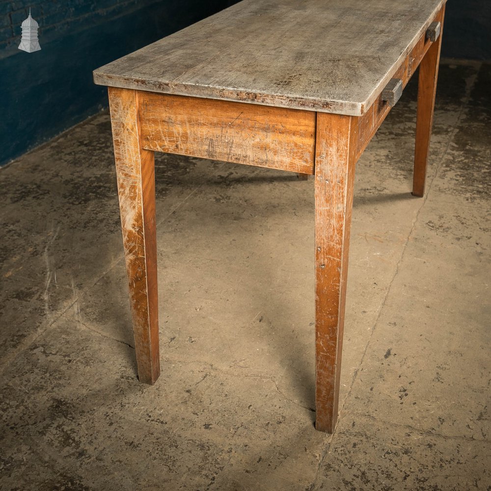 School Workbench Table with 2 Drawers, Science Lab / Art Studio, Worn Iroko