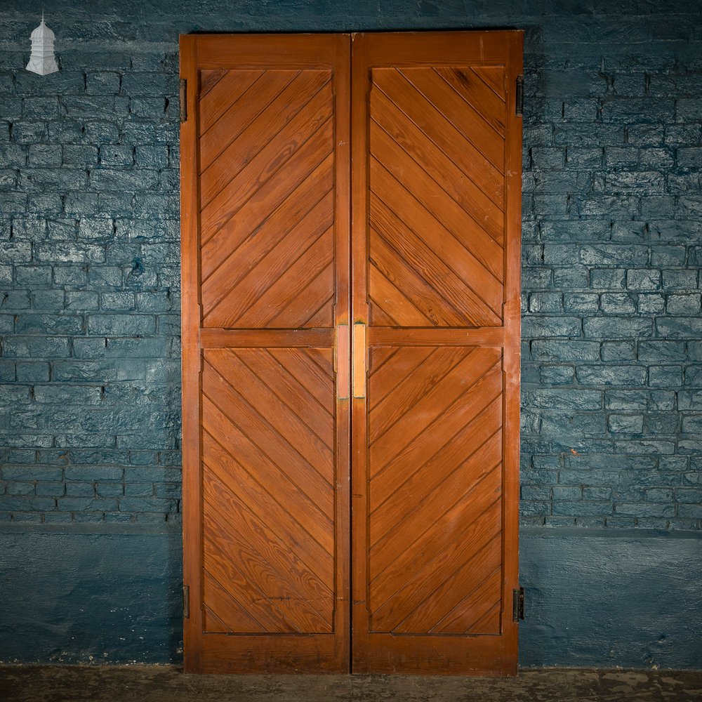 Pitch Pine Church Doors, Pair of Framed Plank Doors with Two Way Hinges