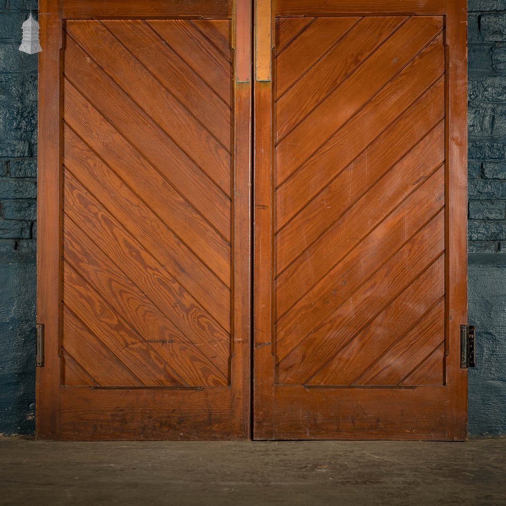 Pitch Pine Church Doors, Pair of Framed Plank Doors with Two Way Hinges