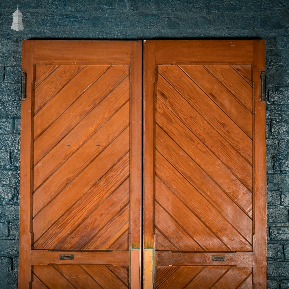 Pitch Pine Church Doors, Pair of Framed Plank Doors with Two Way Hinges