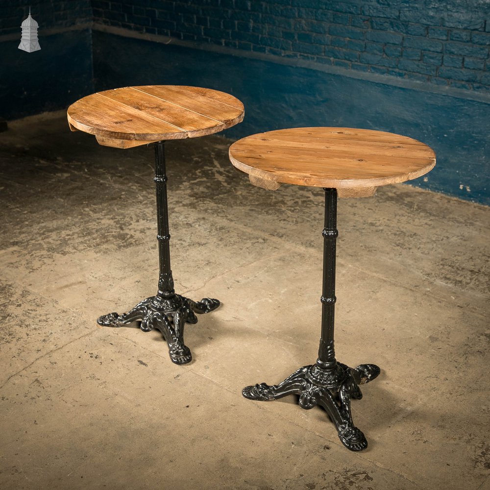 Round Bistro Tables, Reclaimed Pine Tops on Cast Alloy Bases, Pair