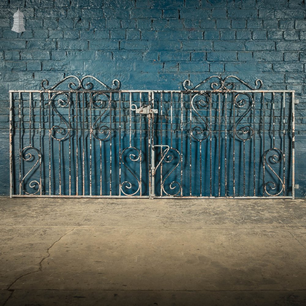 Wrought Iron Driveway Gates, Pair of 20th C Gates with Distressed Painted Finish