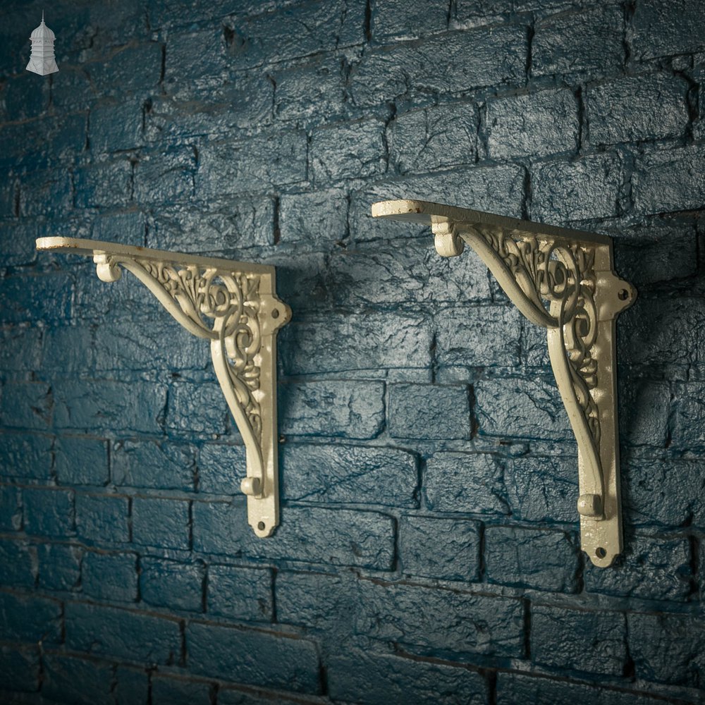 Decorative Wall Brackets, Pair of Cast Iron White Painted Shelf Brackets