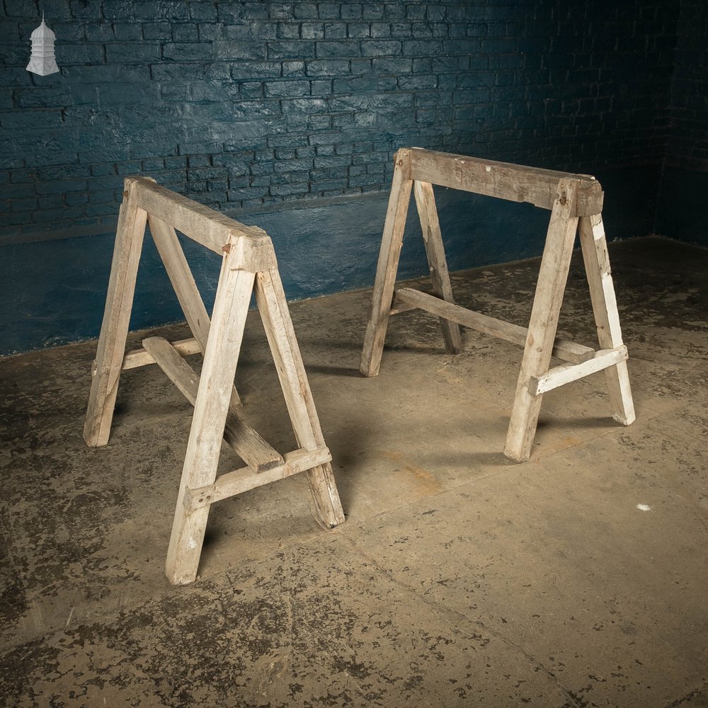 Vintage Wooden Trestles, Pair of Rustic Workshop Trestles