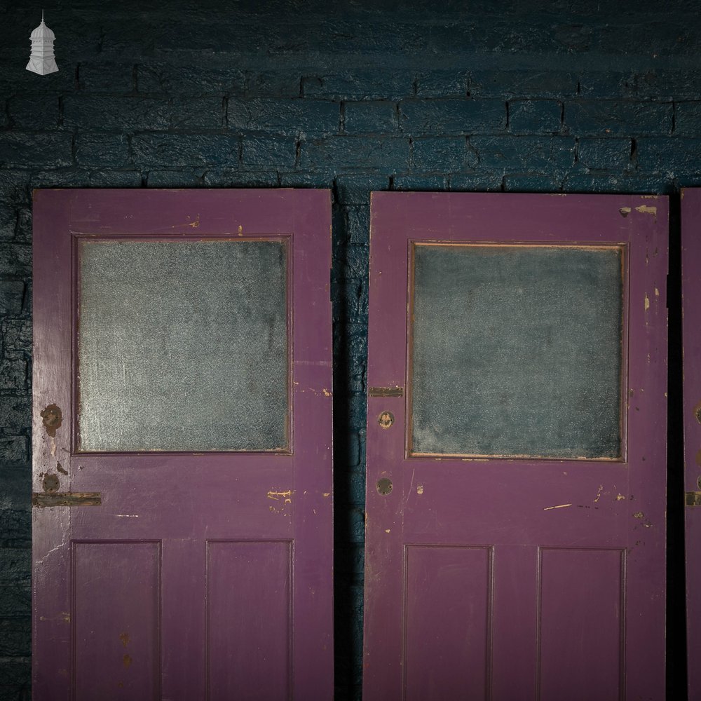 Half Glazed Doors, Batch of 4 Purple Painted Doors fitted with ‘Cathedral Style’ Textured Glass