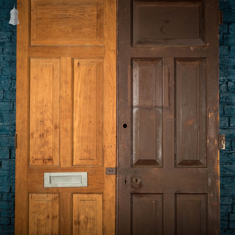 5 Panel Doors, Pair of Pitch Pine Panelled with Stop Chamfer Detail.