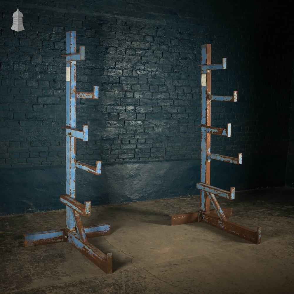 Industrial Pipe Racks, Pair of Blue Painted Cantilever Racks