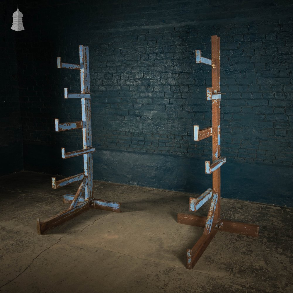 Industrial Pipe Racks, Pair of Blue Painted Cantilever Racks