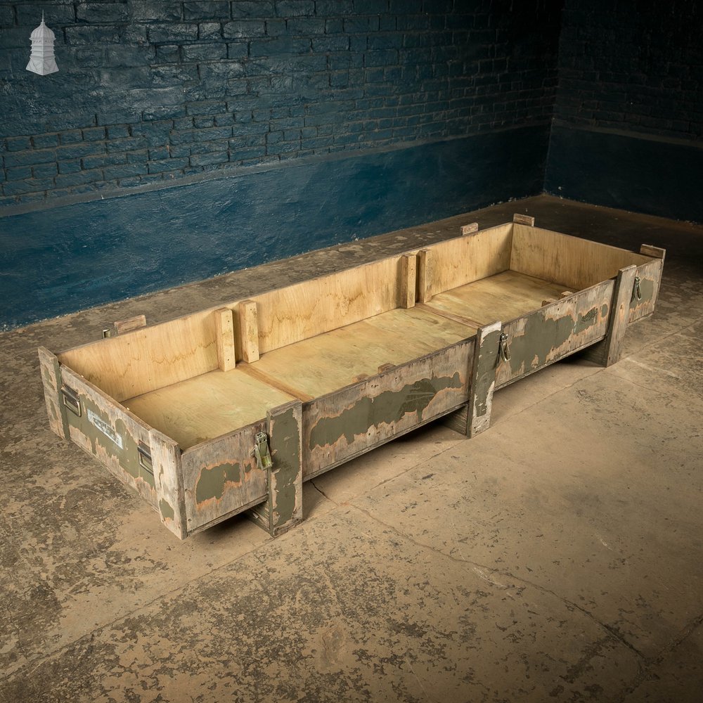 Military Shipping Crates, Pair of Green Painted Wooden Aircraft Part Shipping Boxes Reclaimed from a Norfolk RAF Base