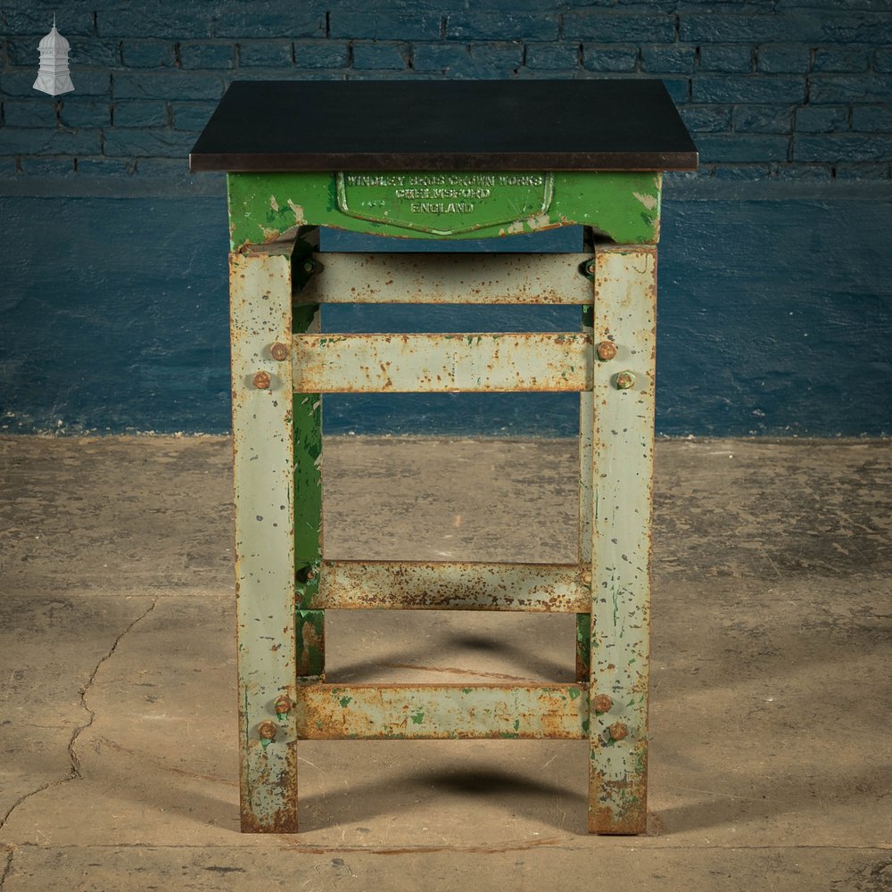 Industrial Surface Table, Cast Iron Workshop Table, Grey and Green Distressed Paint