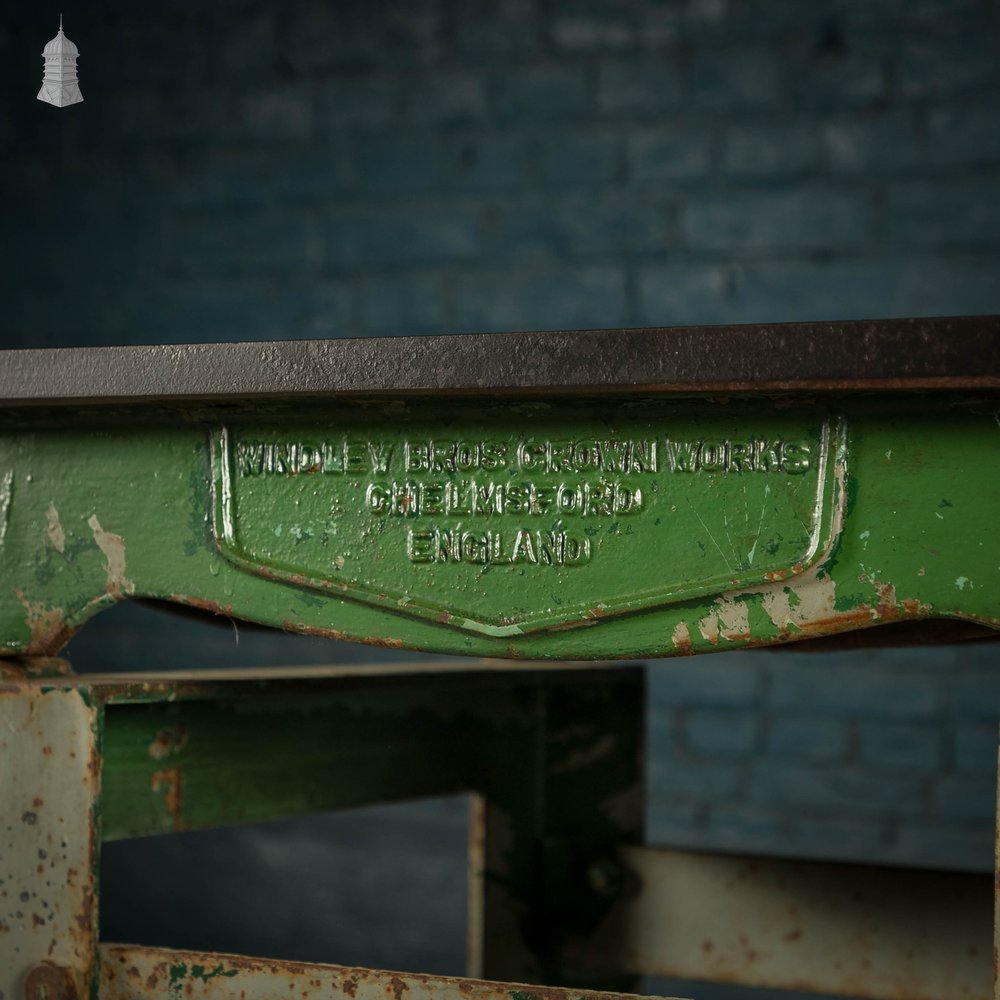 Industrial Surface Table, Cast Iron Workshop Table, Grey and Green Distressed Paint