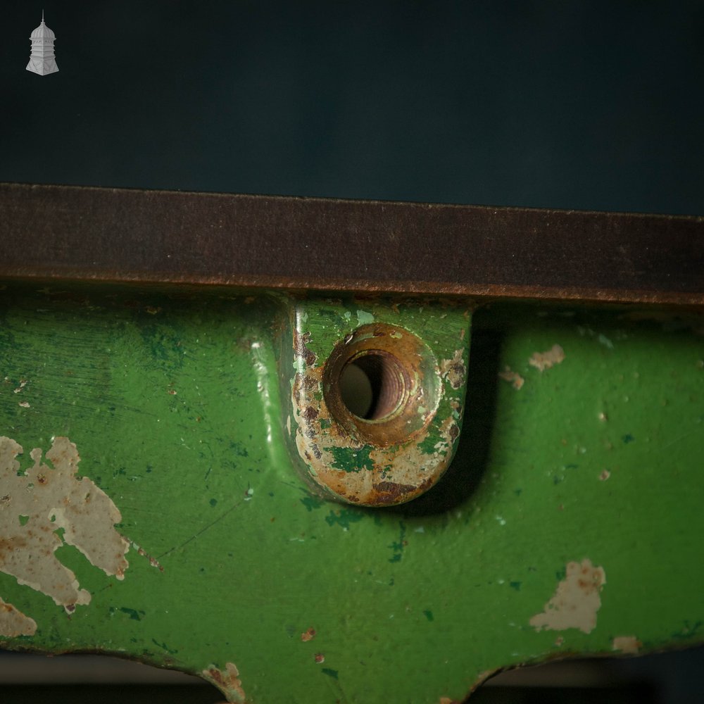 Industrial Surface Table, Cast Iron Workshop Table, Grey and Green Distressed Paint