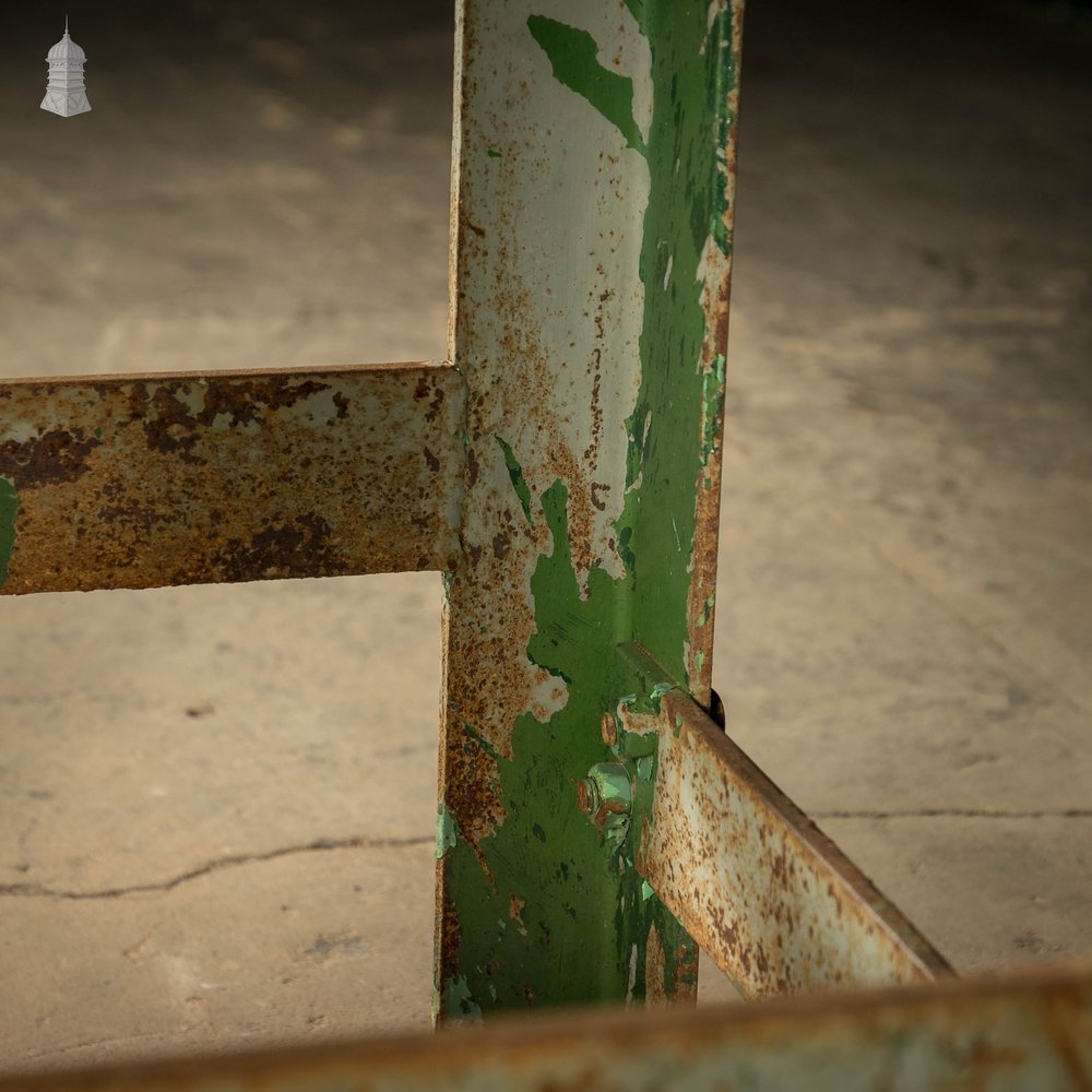 Industrial Surface Table, Cast Iron Workshop Table, Grey and Green Distressed Paint