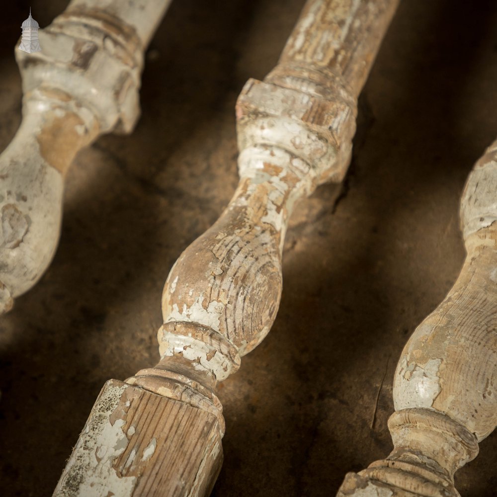 Turned Banister Spindles, 19th C Pine, White Distressed Paint Finish Batch of 15