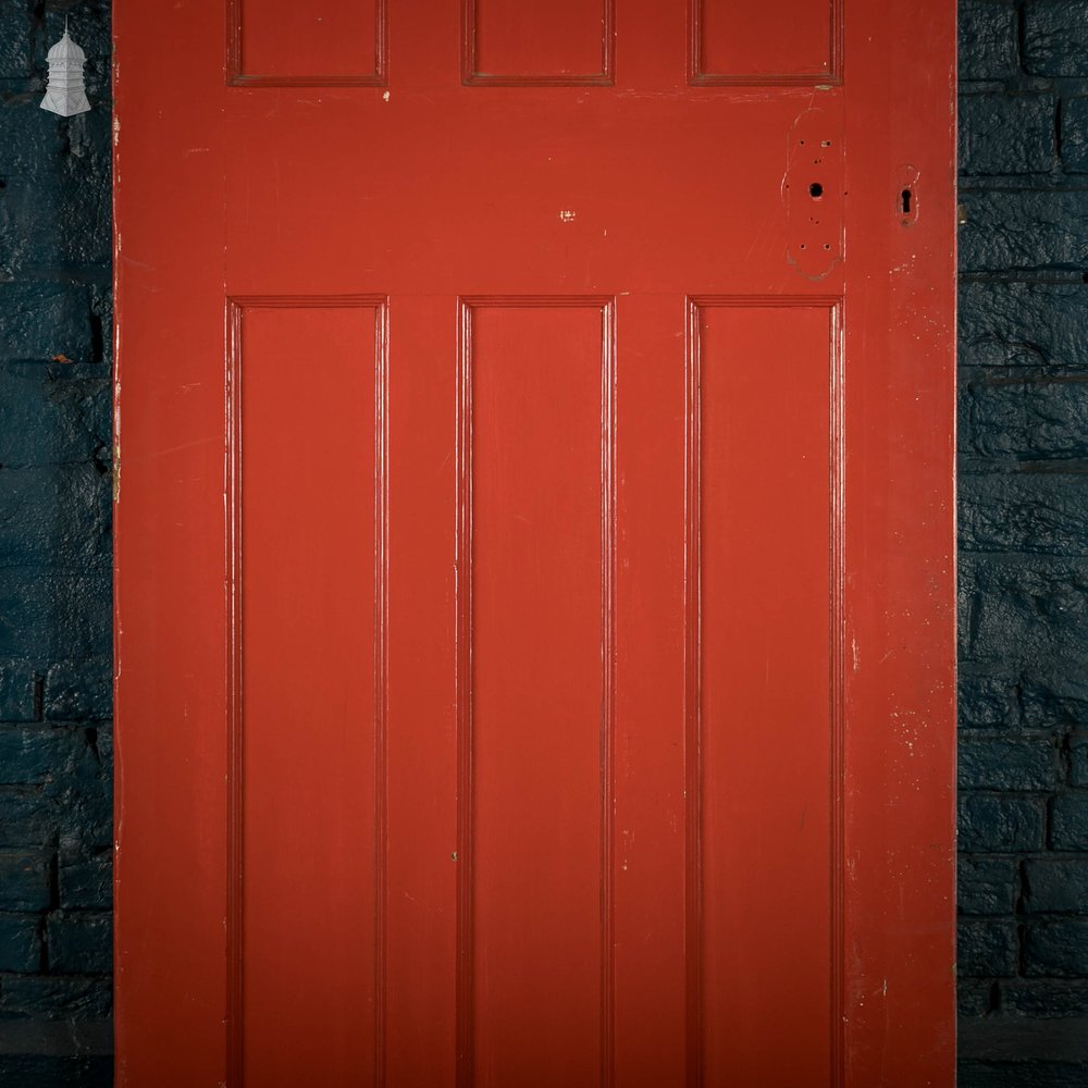 Pine Panelled Door, Red Painted Moulded 6 Panel