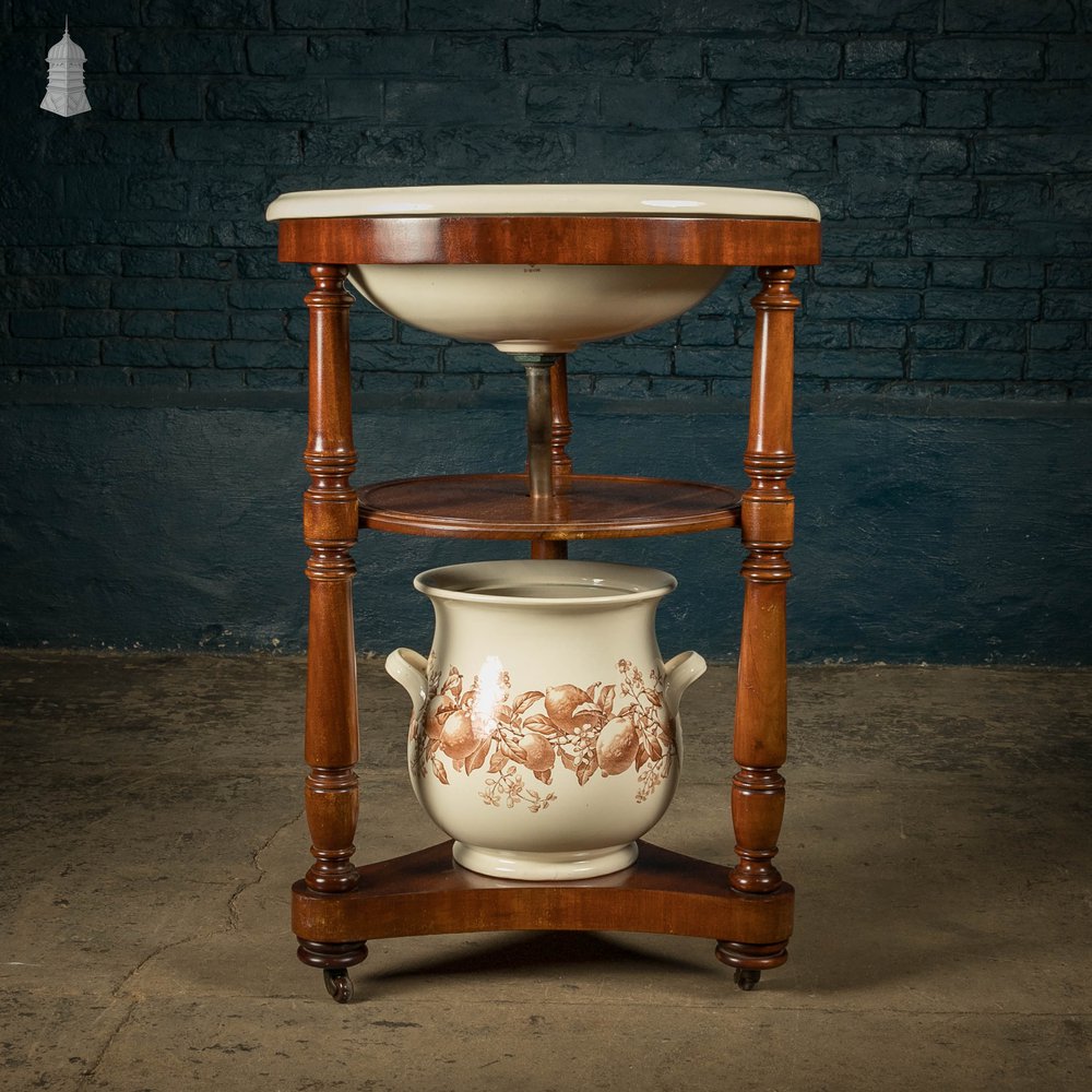 19th C Washstand, Brown Westhead Moore & Co Lemonaire, Mahogany Stand with Ceramic Basin, Pitcher, and Waste Bowl