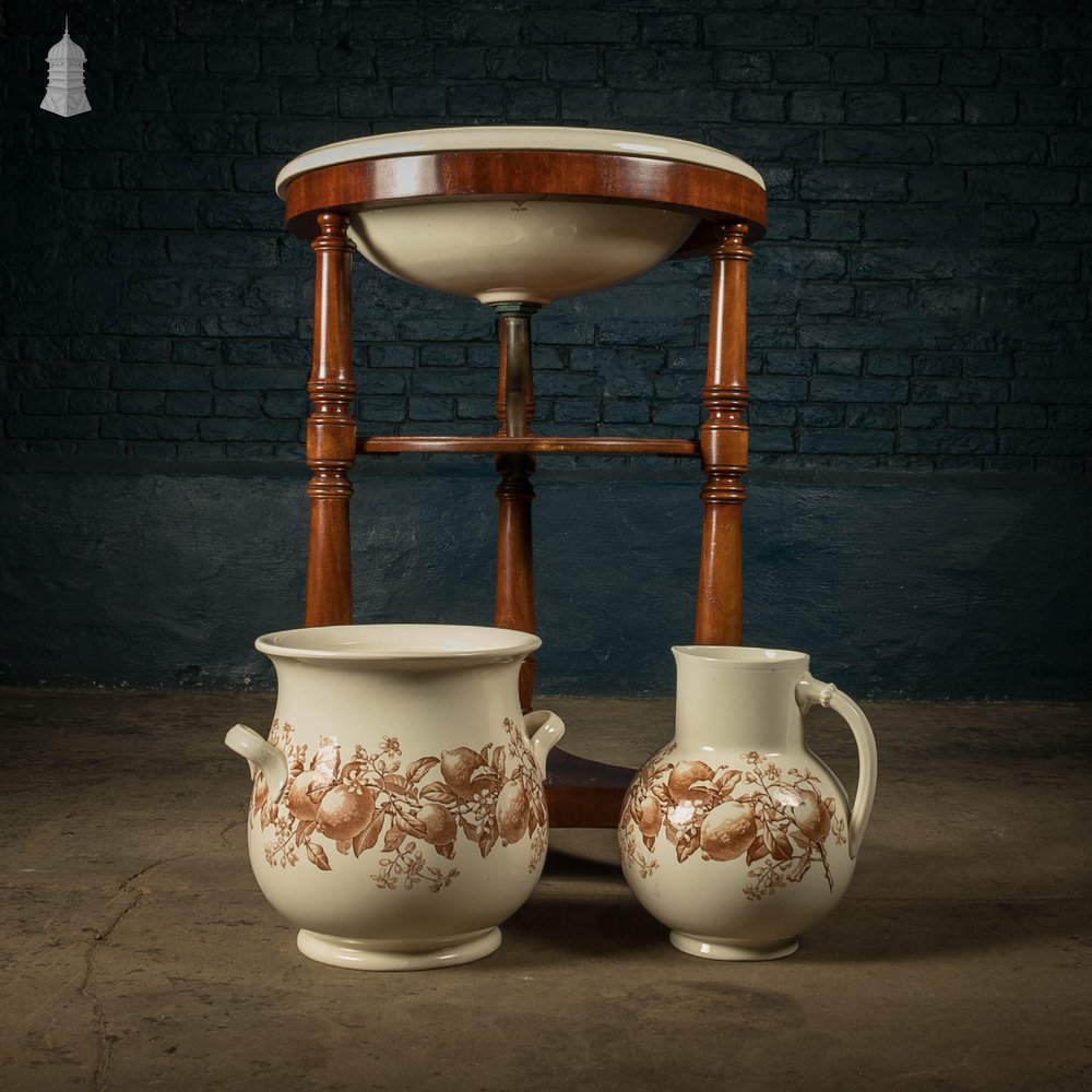 19th C Washstand, Brown Westhead Moore & Co Lemonaire, Mahogany Stand with Ceramic Basin, Pitcher, and Waste Bowl