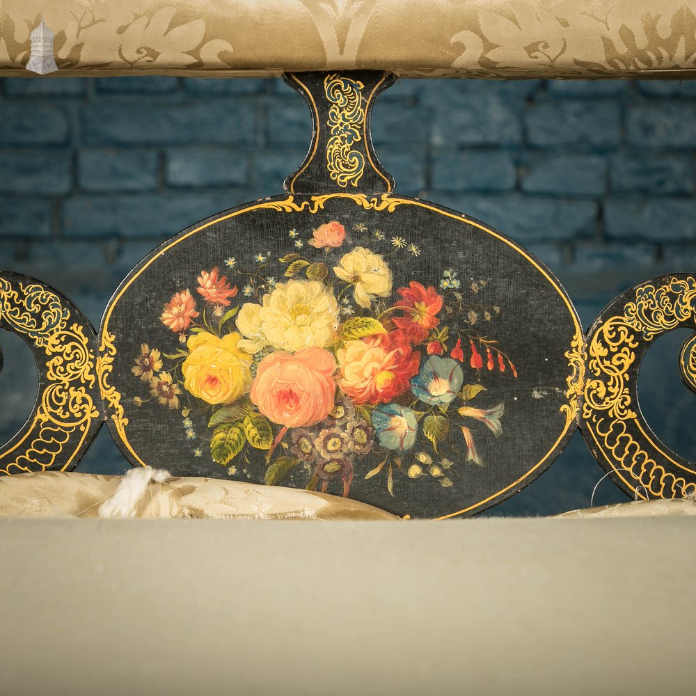 Regency Chinoiserie Sofa, Black and Gold Painted Hardwood with Floral Design