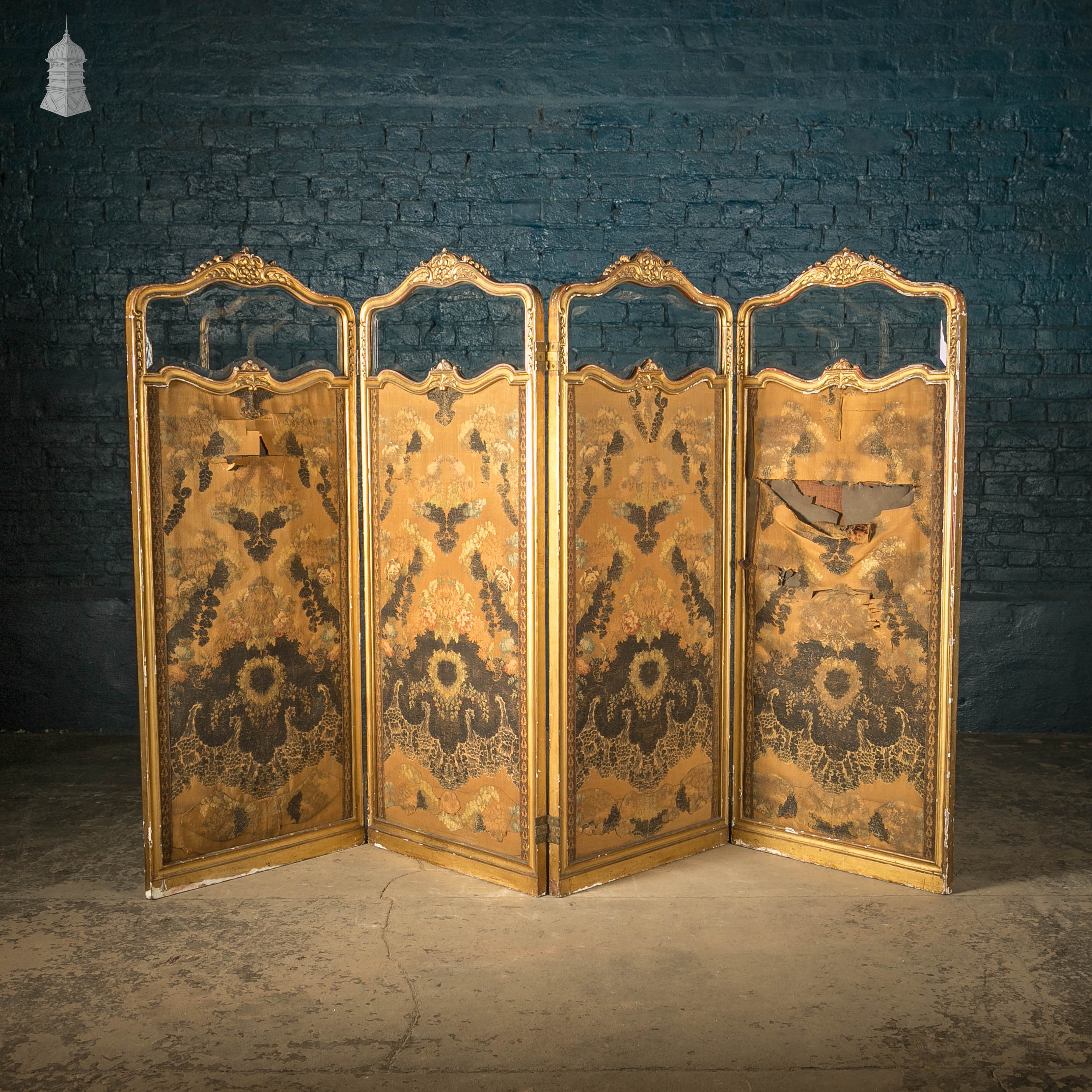 French Room Divider, Ornate 19th C Gilt Hardwood Frame, Bevelled Glass