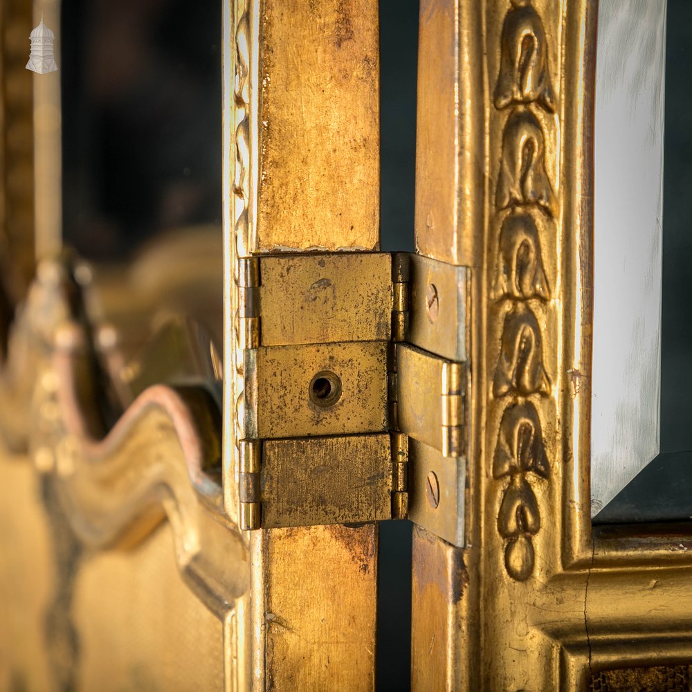 French Room Divider, Ornate 19th C Gilt Hardwood Frame, Bevelled Glass and Embroidered Silk Panels